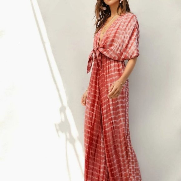 Rusty Rose Preppy Womens Plunging Neck Knot Front Tie Dye Palazzo Jumpsuit - Picture 3 of 5